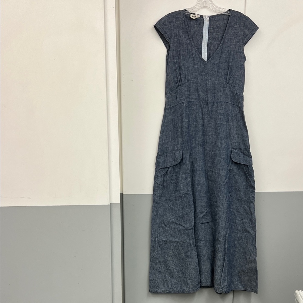 Classic Chambray Cap-Sleeve Maxi Dress Blue with Pockets Cottagecore Farmhouse